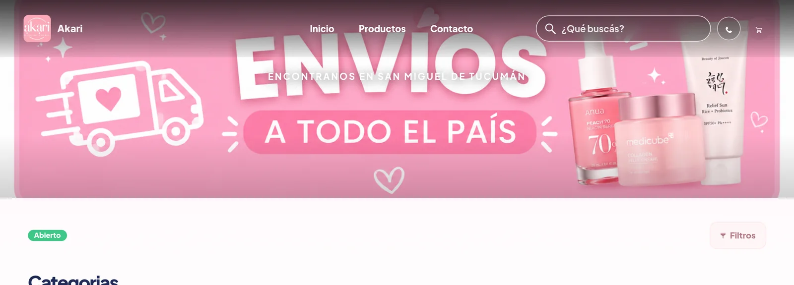 Akari, una tienda creada con TiendaLink, con su logo, su banner y sus categorías