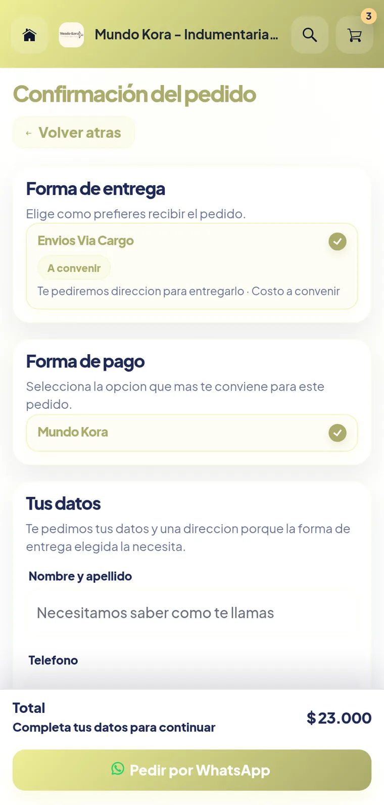 Confirmación de pedido con forma de entrega y forma de pago